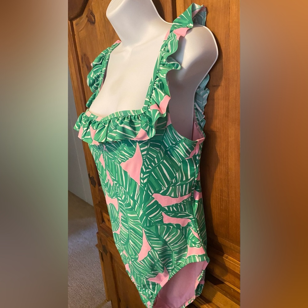 Lilly Pulitzer Green Palm Leaf One-Piece Swimsuit with Pink Accents - Picture 4 of 12